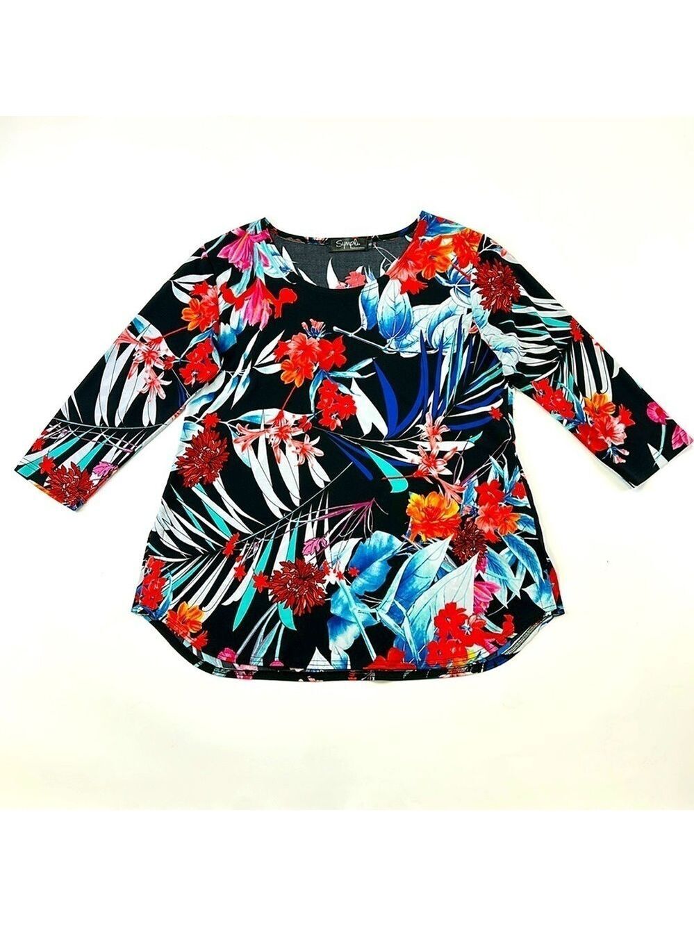 Sympli tropical print polyester three quarter sleeve round neck top Size 8